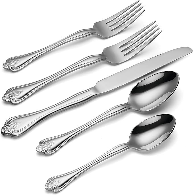 Oneida Boutonniere 45 Piece Everday Flatware, Service for 8, 18/0 Stainless Steel. Silverware Set, Dishwasher Safe, Multi