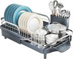 Dish Drying Rack, Expandable Dish Rack for Kitchen Counter, Stainless Steel Dish Drainer with Drainboard Set and Utensil Holder (Gray)