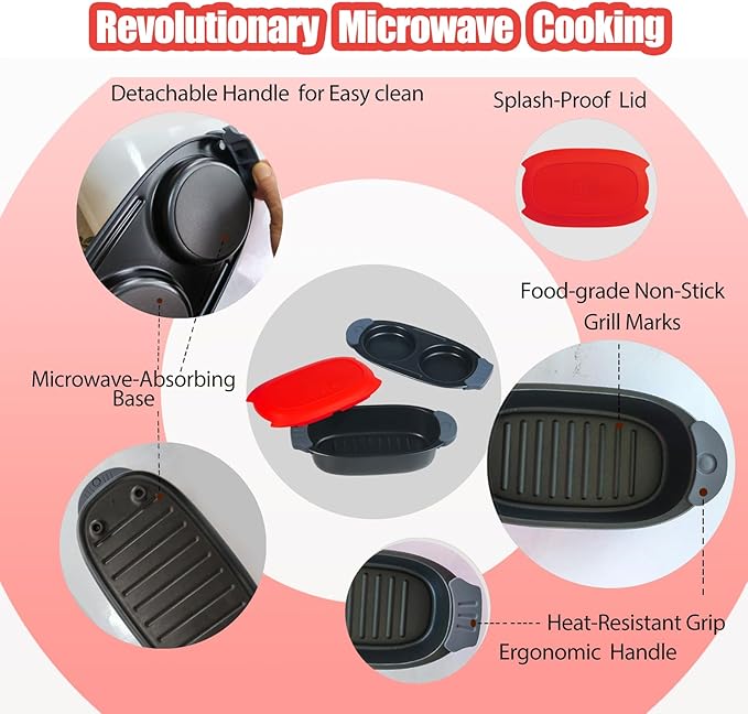 Quick-Heat Microwave Egg Cooker and 33 OZ Microwave Grill Combo | 2-Piece Breakfast Maker Set for Grilling, Frying, Crisping Meat, Bacon, Pancakes & Veggies | Dishwasher Safe & Non-Stick for Kitchen RV, Dorm, Office(Red)