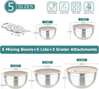 TeamFar Mixing Bowls, 5PCS Stainless Steel Nesting Salad Bowl with Lid & 3 Grater Attachments, for Prepping/Serving/Storing Food, Nontoxic, Airtight Lid & Non-slip Bottom - 4.6/3.5/2.5/1.5/1 QT