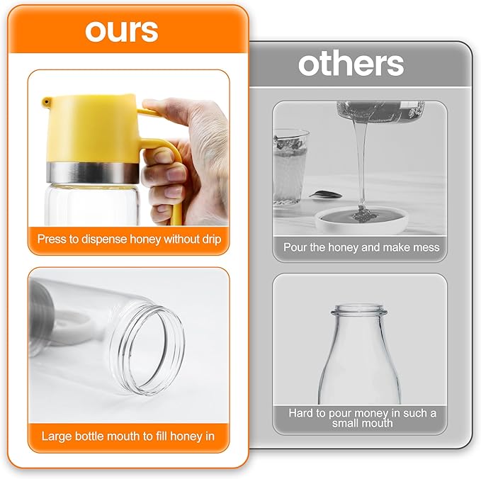 Glass Honey Dispenser No Drip with Stand, 12 OZ Honey Pot Jar with Handle, Syrup Dispenser for Coffee or Tea, Yellow