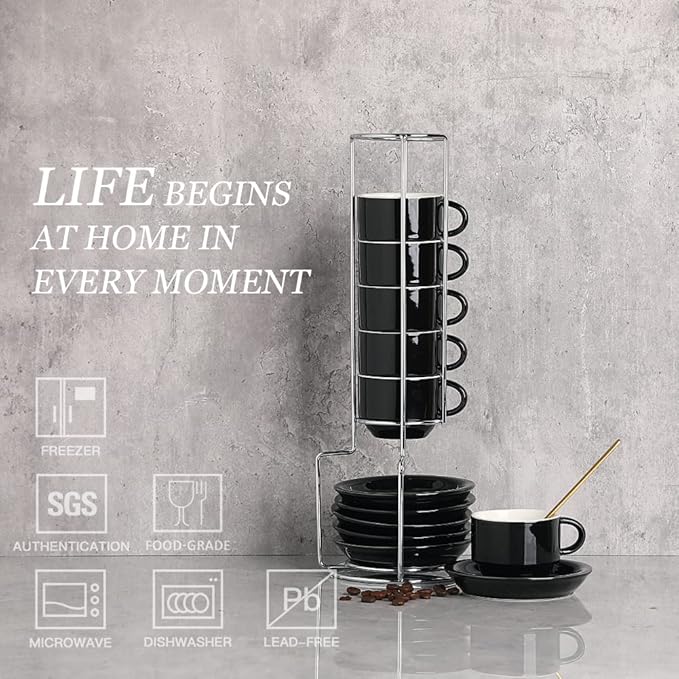 Sweejar Porcelain Espresso Cup & Saucer Set, Stackable Demitasse Cups with Metal Stand, 2.5 OZ for Latte,Coffee,Cafe Mocha,Tea, Set of 6 (Black)