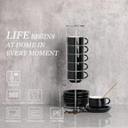 Sweejar Porcelain Espresso Cup & Saucer Set, Stackable Demitasse Cups with Metal Stand, 2.5 OZ for Latte,Coffee,Cafe Mocha,Tea, Set of 6 (Black)