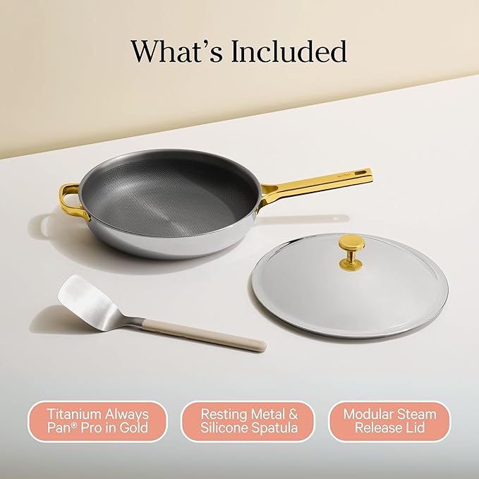 Our Place Titanium Large Always Pan Pro - 12.5” (4.2 Qt) No-Coating Nonstick Skillet | Tri-Ply Titanium & Stainless Steel | Safe for Oven, Induction & Cooktops up to 750°F | Includes Spatula | Gold