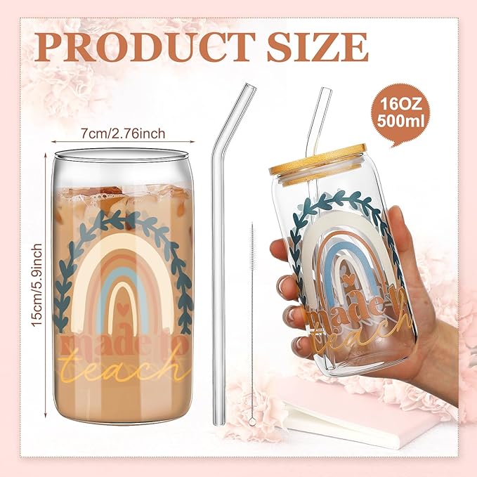 6 Pcs Teacher Gifts for Women Bulk 16 oz Christmas Teacher Appreciation Glass Cups with Bamboo Lid and Glass Straw Can Shaped Drinking Cups for Party Favor Supplies