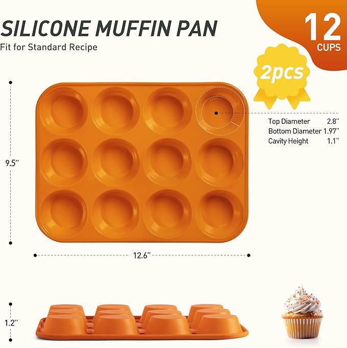 2 Pack 12 Cups Silicone Muffin Pan with Metal Reinforced Frame Regular Size Silicone Molds Cupcake Cake Baking Pans Cookie Baking Chocoflan Cupcake Mold Baking Homemade Muffins Cupcakes Egg Bites