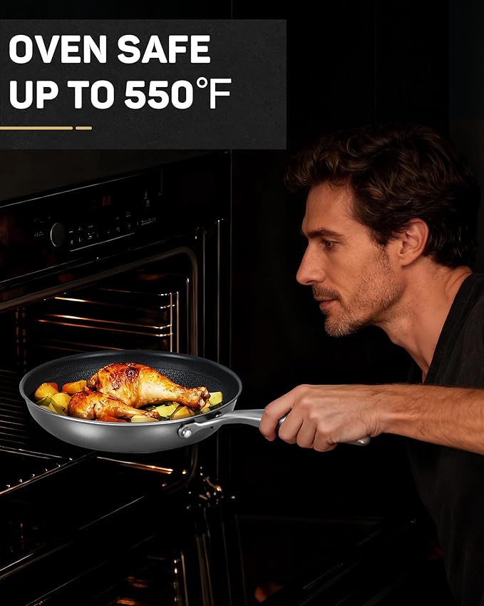 Stainless Steel Nonstick Frying Pan, Hybrid Ceramic 8-Inch Frying Pans, Stay-Cool Handle, PFAS & PFOA PTFE Free, Dishwasher & Oven Safe, Scratch-Resistant, Compatible with Induction & All Cooktops