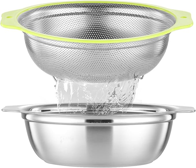 Colander Stainless Steel Microporous, 4QT Large Capacity Rice Strainer with Mixing Bowl, Rice Washing Bowl Set with Handle, Food-Grade Strainers and Colanders for Kitchen, Dishwasher Safe