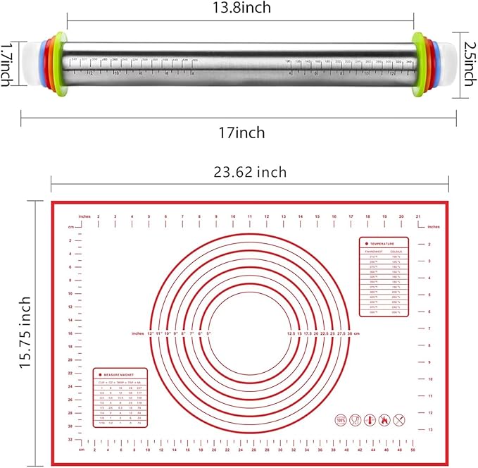 Stainless Steel Rolling Pin and Silicone Mat Set, Adjustable Thickness Rings - For Baking Dough, Pizza, Pies, Pastries, Pasta, Cookies