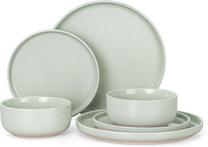 HaWare Stoneware Dinnerware Sets, 6-Piece Plates and Bowls Set for 2, Dishes Set for Home Restaurant, Speckled Asparagus Green