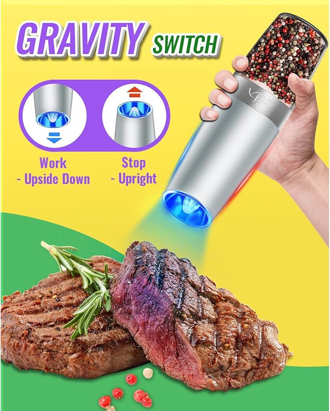 Rongyuxuan Gravity Salt and Pepper Mill Set,Electric Automatic Pepper Grinder Mill Shaker with Battery Powered,Stainless Steel,Blue LED Light,Adjustable Coarseness,One Hand Use,Light Grey