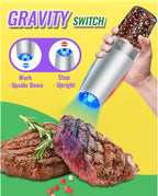 Rongyuxuan Gravity Salt and Pepper Mill Set,Electric Automatic Pepper Grinder Mill Shaker with Battery Powered,Stainless Steel,Blue LED Light,Adjustable Coarseness,One Hand Use,Light Grey