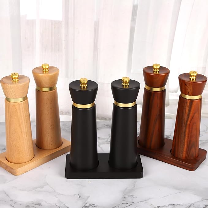 Wooden Salt and Pepper Grinder Set, Salt grinder Refillable with adjustable Coarseness, Beach Wood Pepper Grinder Manual, Salt and Pepper Shakers Matching Wooden tray-Ideal for Gifting