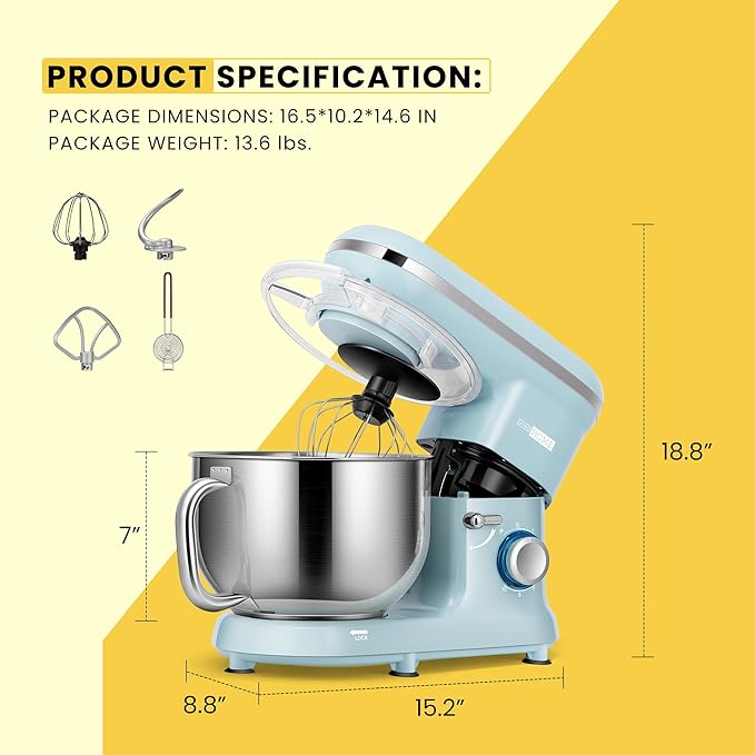 VIVOHOME Stand Mixer, 660W 10 Speed 6 Quart Tilt-Head Kitchen Electric Food Mixer with Beater, Dough Hook, Wire Whip and Egg Separator, Blue