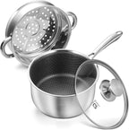 KOCH SYSTEME CS Hybrid Nonstick Stainless Steel Sauce Pan with Steamer Insert, 18/10 Steel 2QT Sauce Pan with Lid, Triple Stainless Steel Pot with Honeycomb Interior, Induction Compatible & Oven Safe