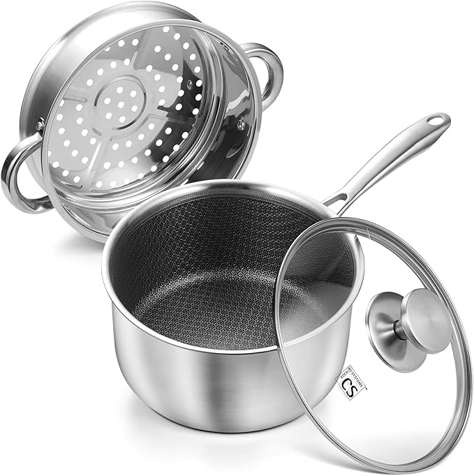 KOCH SYSTEME CS Hybrid Nonstick Stainless Steel Sauce Pan with Steamer Insert, 18/10 Steel 2QT Sauce Pan with Lid, Triple Stainless Steel Pot with Honeycomb Interior, Induction Compatible & Oven Safe