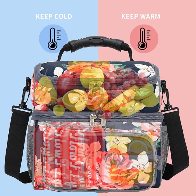 FlowFly Double Layer Cooler Insulated Lunch Bag Adult Lunch Box Large Tote Bag for Men, Women, With Adjustable Strap,Front Pocket and Dual Large Mesh Side Pockets