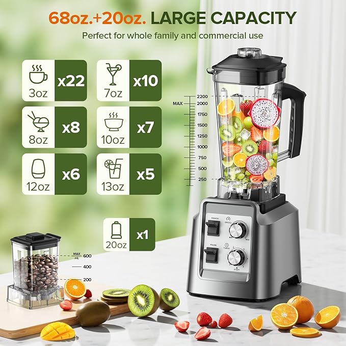 Smoothie Blender - Powerful Blender for Smoothies, Blenders for Kitchen with 68Oz Pitcher & 20Oz Grinder, Adjustable Speeds, Timing Control, BPA Free