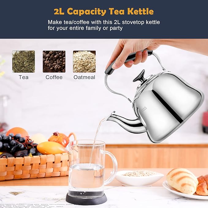Tea Kettle Stovetop Whistling Teakettle ClassicTeapot Stainless Steel Tea Pots for Stove Top with Heat-resistant Folding Handle Mirror Finish, 2 liters