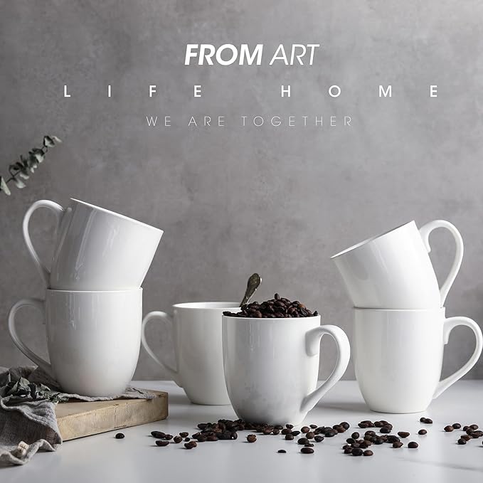 Coffee Mugs Set of 6, 16Oz Large Ceramic Mugs with Comfort Grip, White Porcelain Coffee Cups for Cocoa, Latte, Hot Tea, Cappuccino, Mocha, Milk, Dishwasher Safe, 5.5 x 4.5 inch