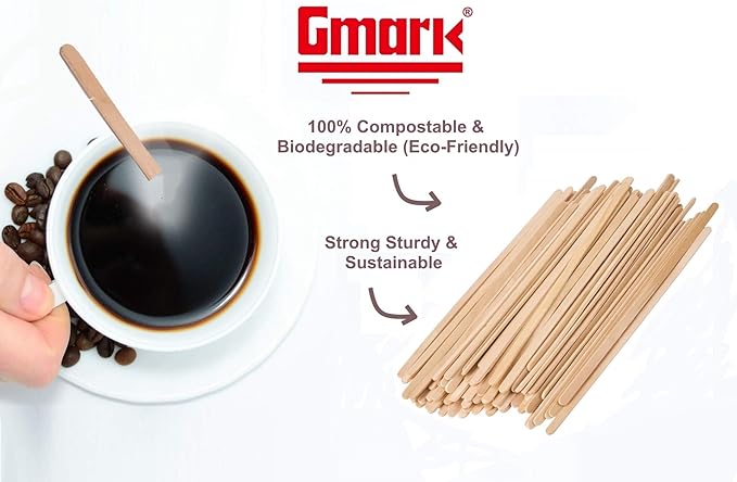 Gmark 5.5" Wood Coffee Stirrers (length 140mm, width 6mm, thick 1.3mm) 1000 ct - Natural Birch Wood Coffee Beverage Stirrers, Round End GM1014