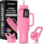 Coldest Tumbler with Handle and Straw, 100% Leak Proof Insulated Tumbler with Lid and Straw (3 Lids), Stainless Steel Tumblers for Women & Men, Cup Holder Friendly, 46 oz (Pink Perfection)