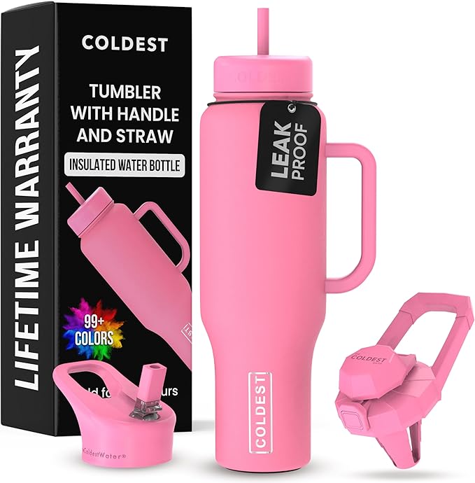 Coldest Tumbler with Handle and Straw, 100% Leak Proof Insulated Tumbler with Lid and Straw (3 Lids), Stainless Steel Tumblers for Women & Men, Cup Holder Friendly, 46 oz (Pink Perfection)