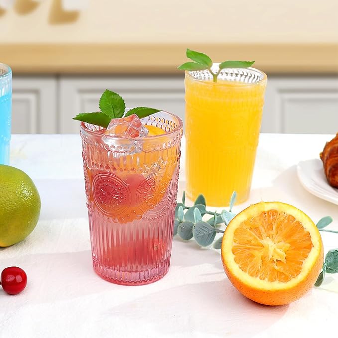 6pcs Vintage Drinking Glasses Set, 12 oz Pink Highball Glasses, Embossed Ribbed Glassware Cups for Cocktail, Water, Juice, Coffee, Whiskey