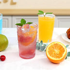 6pcs Vintage Drinking Glasses Set, 12 oz Pink Highball Glasses, Embossed Ribbed Glassware Cups for Cocktail, Water, Juice, Coffee, Whiskey