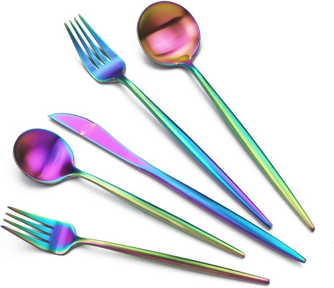 JASHII Luxury 18/10 Rainbow Flatware Silverware Set 304 Stainless Steel Colorful Flatware Cutlery Set| 20-Piece Adaline Royal Modern Satin Finish| BEST Birthday Wedding Gift (Rainbow Matte 4 Sets)