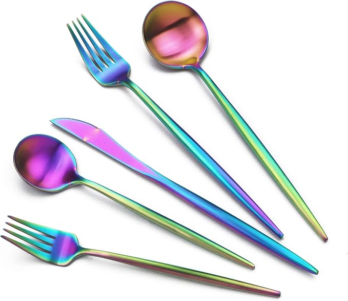 JASHII Luxury 18/10 Rainbow Flatware Set - 304 Stainless Steel Colorful Cutlery - 5-Piece Adaline Royal Modern Satin Finish for Birthday, Wedding (Matte)