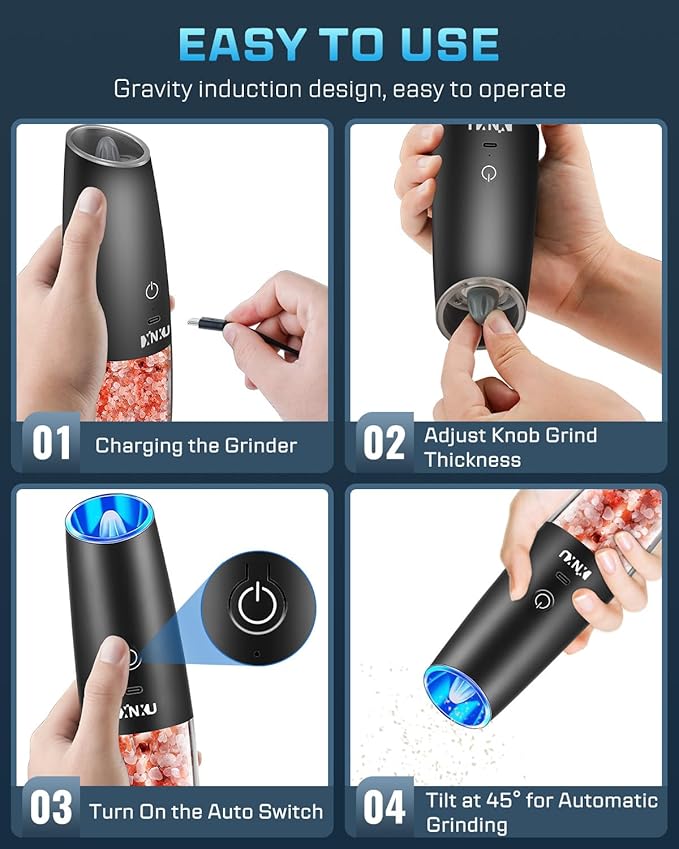 XinXu RECHARGEABLE Pepper and Salt Grinder Set,Automatic Pepper Mill,USB Rechargeable,Adjustable Coarseness,One-handed Operation,Ceramic Burr,Refillable,Auto Grinders Shakers LED Light,Black