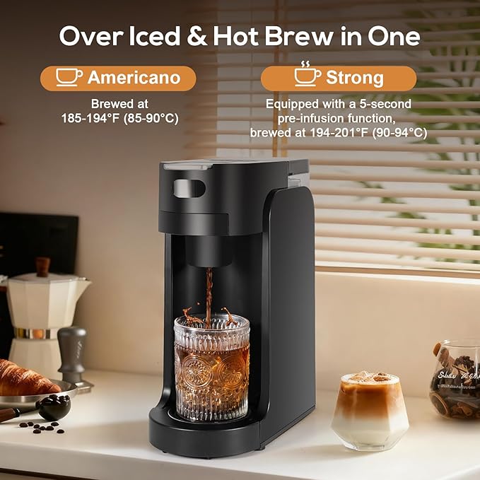 SOPPY Single Serve Coffee Maker for K Capsule, 3 Seconds Instant Hot with Adjustable Temperature Control, Dual Brew Modes, Transparent Water Tank & Removable Stand, Fast Brewing Coffee Machine, Black
