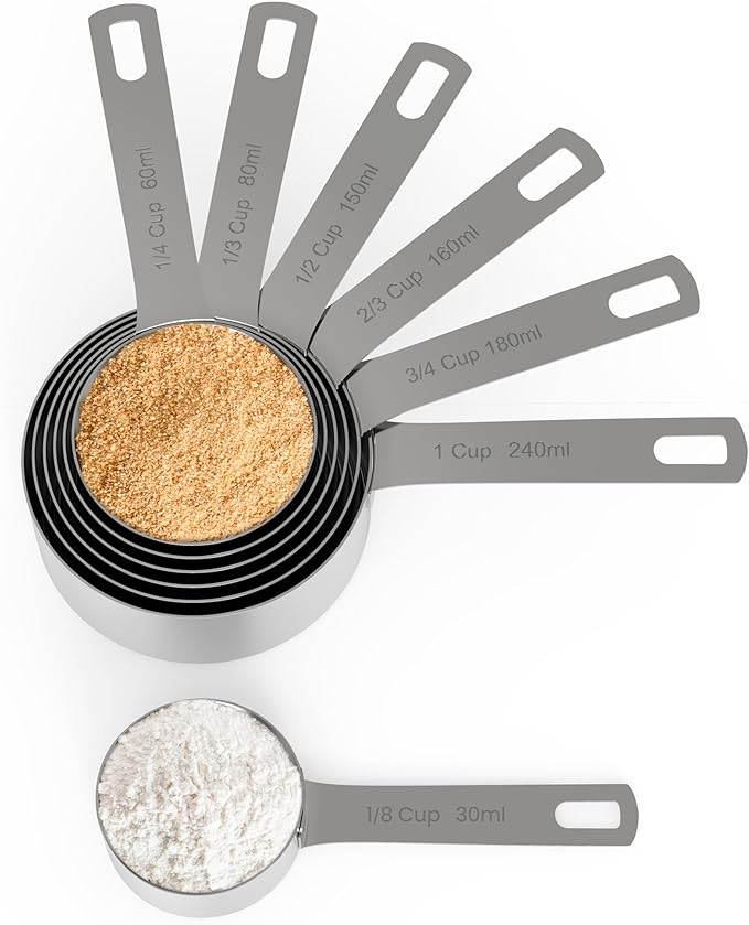 Chef Pomodoro Stainless Steel Measuring Cup Set, Nested and Stackable with 7 Pieces, Sturdy Extra-long Handles with Lasered Markings and Sorting Ring, Metal Kitchen Spoons for Wet and Dry Ingredients