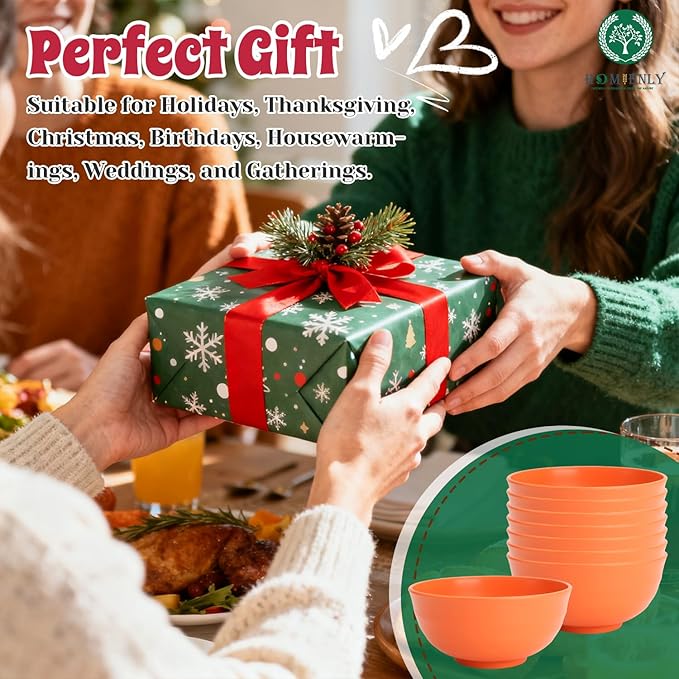 Homienly Large Bowl Set of 8, 60 oz Orange Wheat Straw Bowls, Unbreakable & Microwave Safe, Big Soup and Salad Bowls for Wedding, Party, Camping, Family Dining