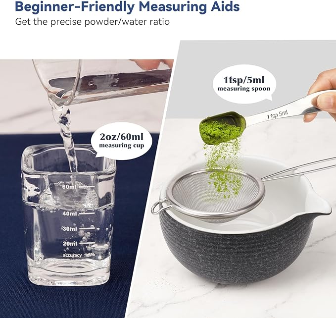 10-Pcs Matcha Whisk Set Kit, Whisk and Bowl with Spout & Measuring Spoon & Cup, Japanese Tea Making Tools, Charcoal Grey