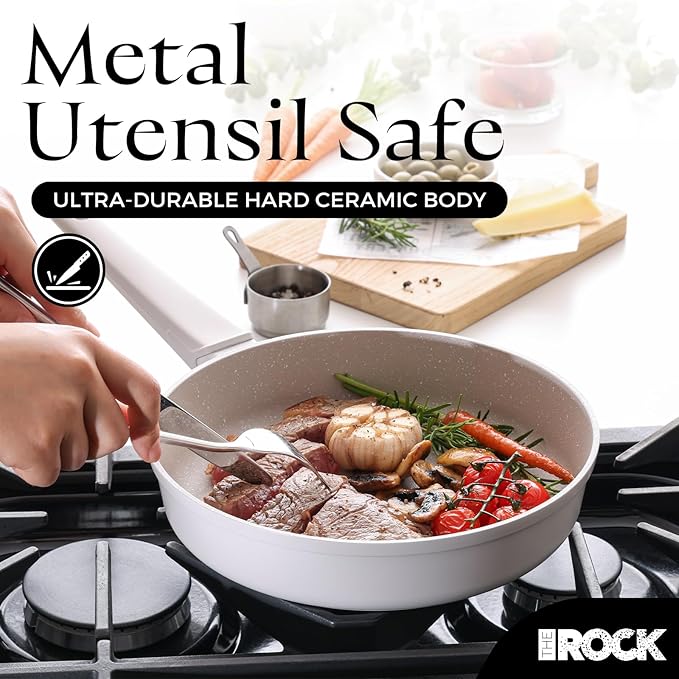 THE ROCK SOHO 11-Inch Non Stick Frying Pan with Lid–Nothing Sticks, Never Warps, Lasts Longer, Ceramic Non Toxic Skillet with Heat-Resistant Handle, PTFE PFOA&PFAS Free, Oven & Dishwasher Safe, Cream