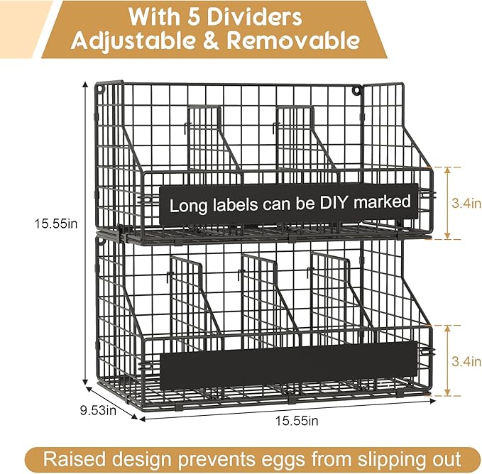 keomaisyto Fresh Egg Holder with 5 Dividers to Separate Eggs for a Week, 2 Tier Stackable Wire Baskets for Gathering Eggs, XXL Egg Rack for Countertop/Wall-Mounted, With DIY Labels (Patent Pending)