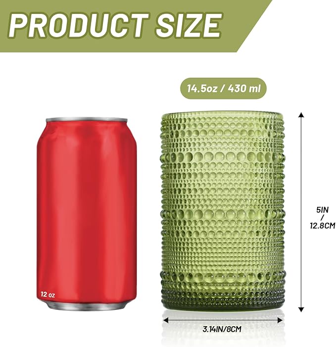 Hobnail Drinking Glasses Set of 6, Vintage Colored Glassware 14.5oz, Tall Beverage Glass Cups for Water, Juice, Cocktail (Green)