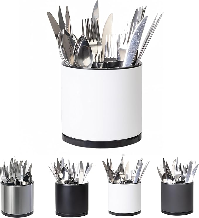 Kitchen Utensil Holder Silverware Organizer 360°Rotating For Counter Organizer Stainless Steel Storage Silverware Caddy 3 Compartment Flatware Spoon Spatula Tool Cutlery Container（White）