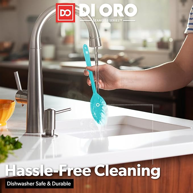 DI ORO Silicone Cooking Spoons - Large Mixing, Serving & Stirring - 600F Heat-Resistant Non-Stick - Big Solid & Slotted Basting Spoons - Dishwasher Safe (2pc, Teal)