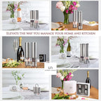 Black and White Salt and Pepper Shakers with Holder - Elegant Stainless Steel Salt Shaker and Pepper Shaker Set with Acrylic Holder for Kitchen Counter or Restaurant Table