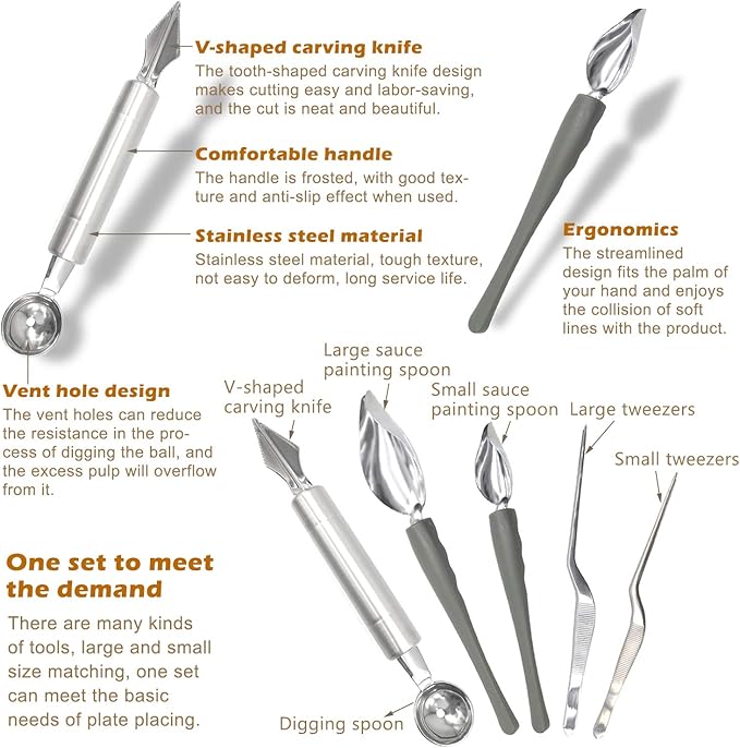 5 Pieces Culinary Drawing Decorating Spoon Set, Drizzle Spoons, Cooking Tweezers and Melon Baller Spoon, Professional Chef Tool for Decorating Plates