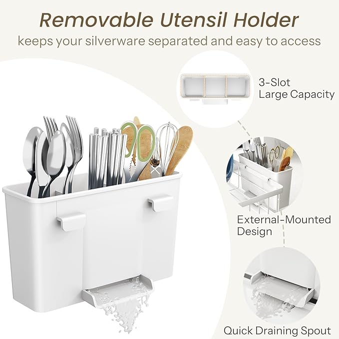 Dish Drying Rack - Small Dish Rack for Kitchen Counter, Stainless Steel Dish Drainer with Utensil Holder and Drainboard (White)