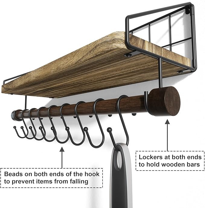 Alsonerbay Floating Shelves Wood Shelves for Wall, Rustic Wood Kitchen Shelf with Towel Bar and 8 Removable Hooks for Hanging Cooking Utensils or Mugs