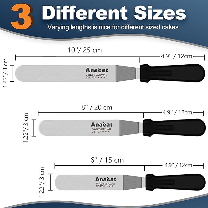 Anaeat Icing Spatulas, Set of 3 Professional Cake Angled Offset Spatula with 6", 8", 10" Stainless Steel Blades - Thickened Frosting Knife with Plastic Handle for Cake Decorating, Pastry & Baking