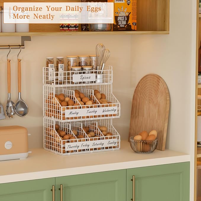 keomaisyto Egg Holder Countertop with 5 Dividers & DIY Nameplate to Separate Eggs, 3 Tier Stackable Wire Storage Baskets for Gathering Fresh Eggs, Wall-Mounted XXL Egg Rack, White (Patent Pending)