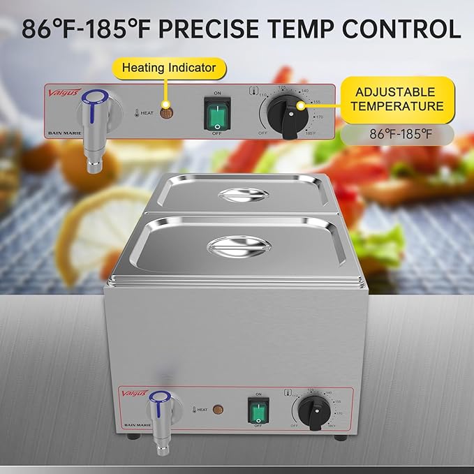 Valgus Commercial Grade Stainless Steel 2 Sections 19 Qt Bain Marie Buffet Food Warmer Steam Table with Lid and Tap for Home and Restaurants