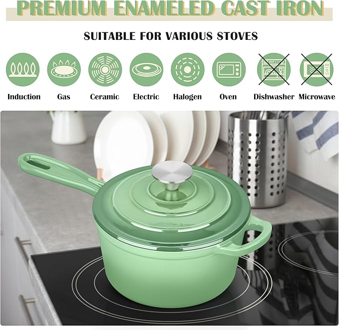 E-far Enameled Cast Iron Sauce Pan, 2 Quart Dutch Oven Saucepan with Lid, Small Sauce Pot for Cooking, Boiling, Healthy & Non Toxic, Induction & Oven Safe, Pistachio Green