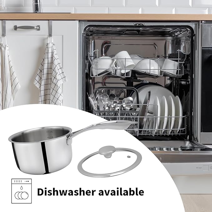 Woogim 304 Stainless Steel Saucepan with Ergonomic Curved Handle,Includes Glass Lid, Easy to Clean Non-stick Multipurpose Sauce Pot 2 Quart Perfect for Milk,Soups,and Sauces